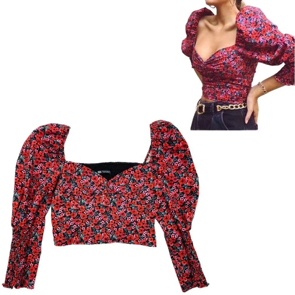 Zara Puff Sleeve Floral Crop Top Rose Print Sweetheart Ruched Blouse Size M - Picture 13 of 15